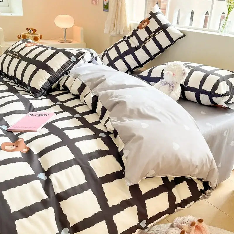 Black and white grid patterned cartoon printed cotton duvet cover with cute bear faces cream bedroom bedding set decorbites