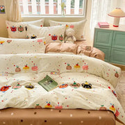 Cream-colored cartoon printed cotton duvet cover featuring playful bears and pastel dessert motifs by decorbites