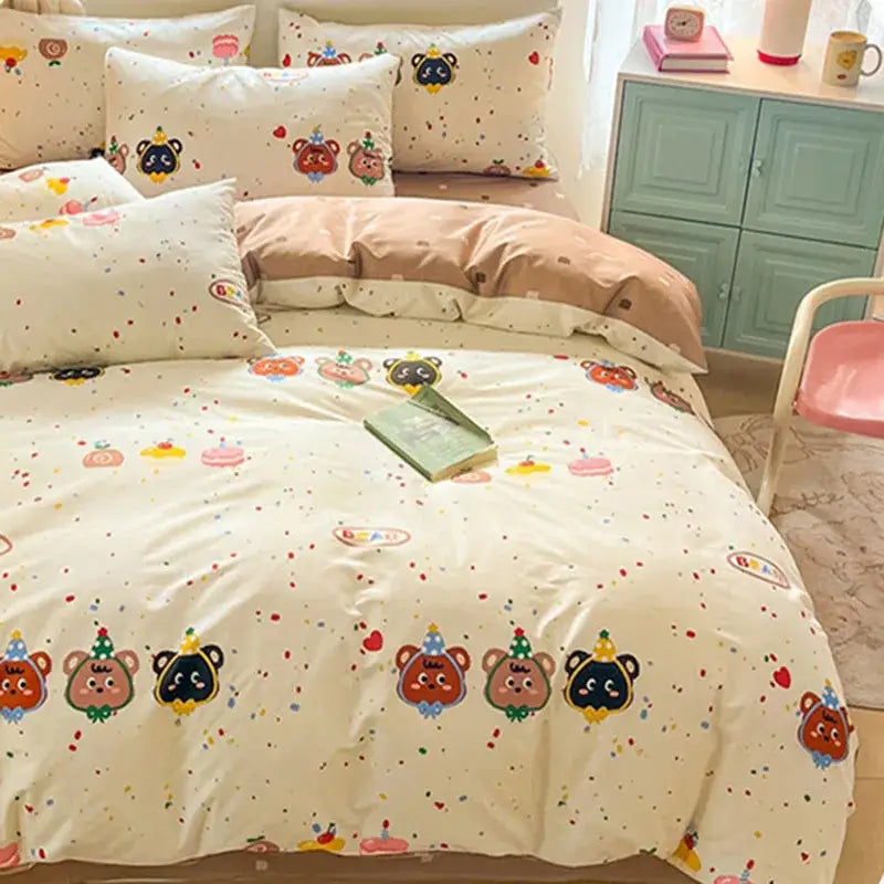 Cream-colored cartoon printed cotton duvet cover featuring playful bears and colorful confetti decorbites bedding set