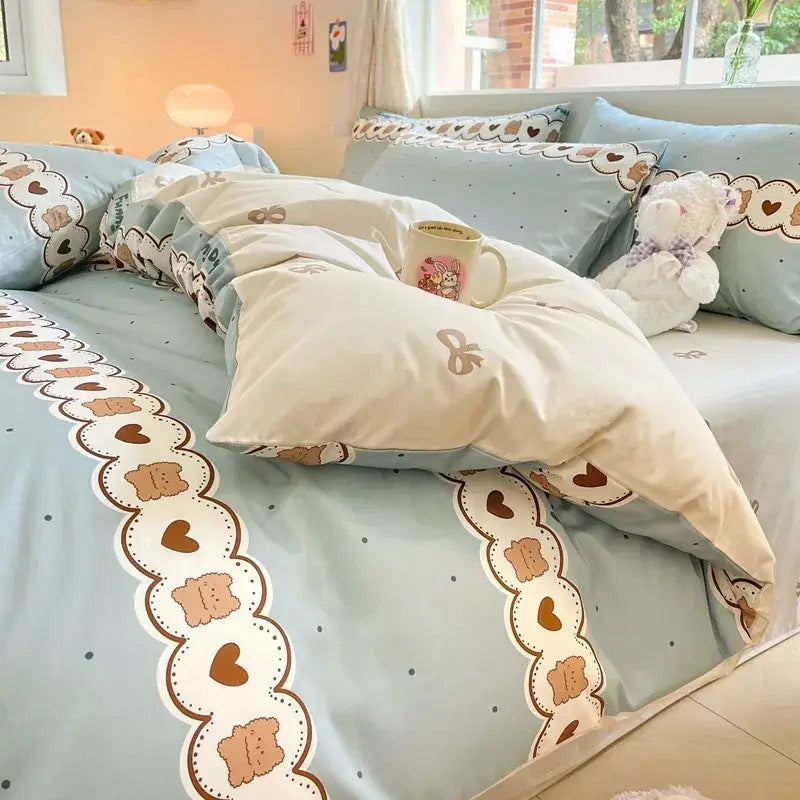 Cute pastel blue and cream decorbites cartoon printed cotton duvet cover with heart and bow pattern edges for bedroom bedding set