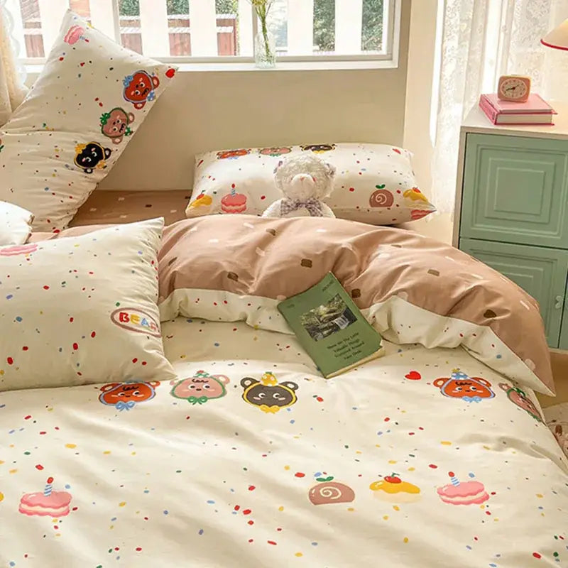 Cute pastel-colored cartoon printed cotton duvet cover with playful bear and dessert prints on cream fabric decorbites bedding set