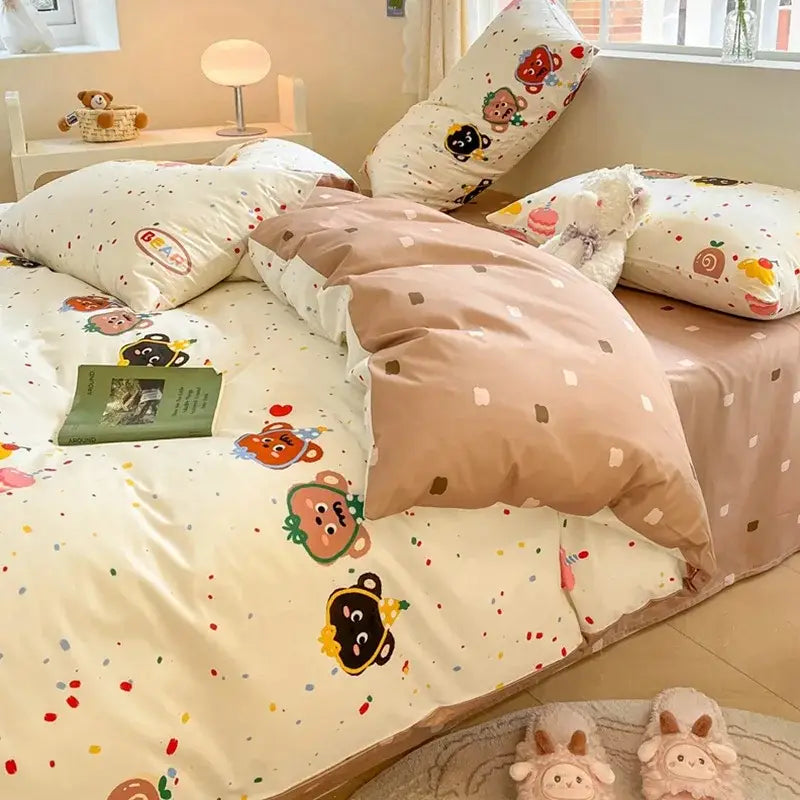 Cute beige and white decorbites cartoon printed cotton duvet cover featuring playful bear faces and colorful confetti patterns