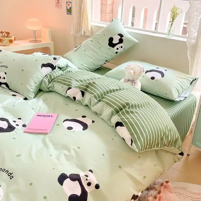 Mint green duvet cover with black and white cartoon pandas on soft striped cotton fabric decorbites cartoon printed