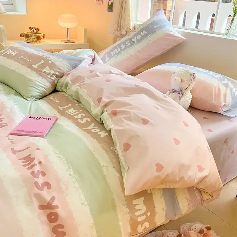 Pastel rainbow-striped decorbites cartoon printed cotton duvet cover with i miss you text and pink heart patterns cream bedroom set