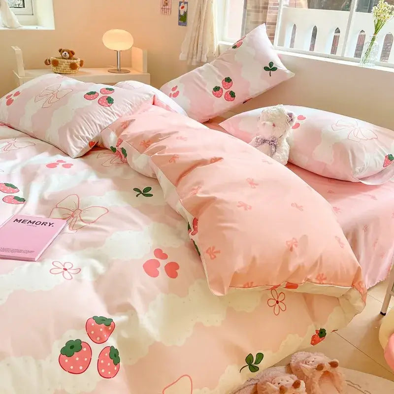 Pink strawberry and bow-patterned satin finish duvet cover from decorbites cartoon printed cotton bedroom bedding set