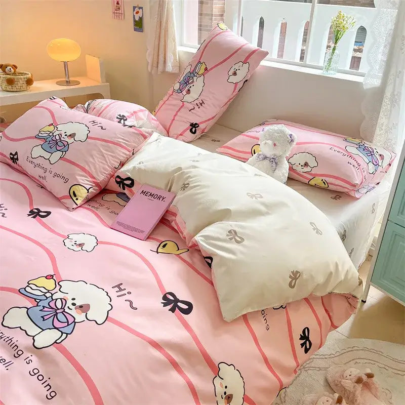 Cartoon printed cotton duvet cover cream bedroom bedding set featuring pink and white decorbites cartoon printed fluffy puppy design