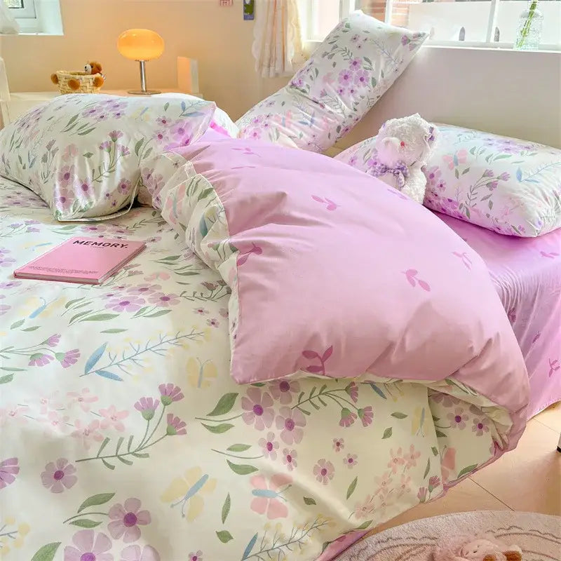 Pink and cream floral duvet cover with delicate pastel flowers and green leaves decorbites cartoon printed cotton bedding set