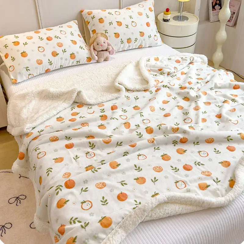 White plush decorbites cartoon printed lamb wool blanket with orange citrus patterns and soft fleece interior for sofa use