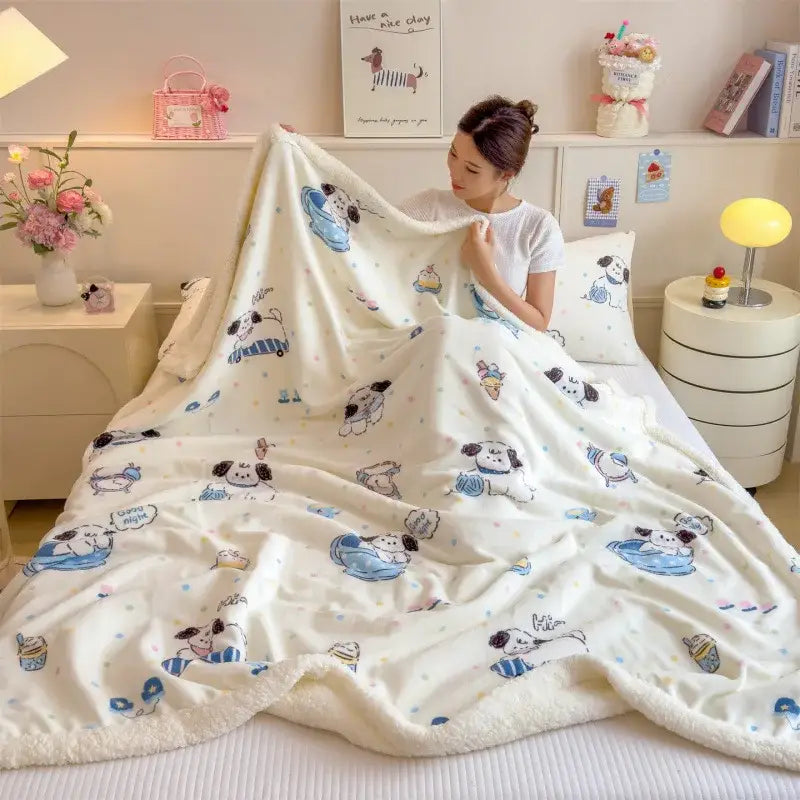 Cream-colored decorbites cartoon printed lamb wool blanket with playful blue and black dog pattern for sofa or bedroom throw