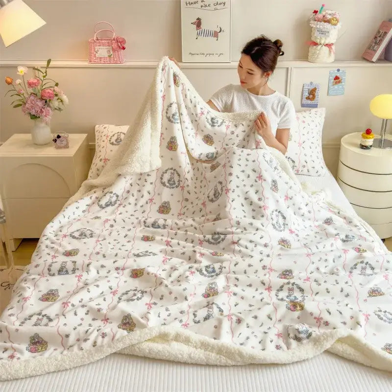 White plush cartoon printed lamb wool dog blanket with soft texture and pastel characters for bedroom decorbites use