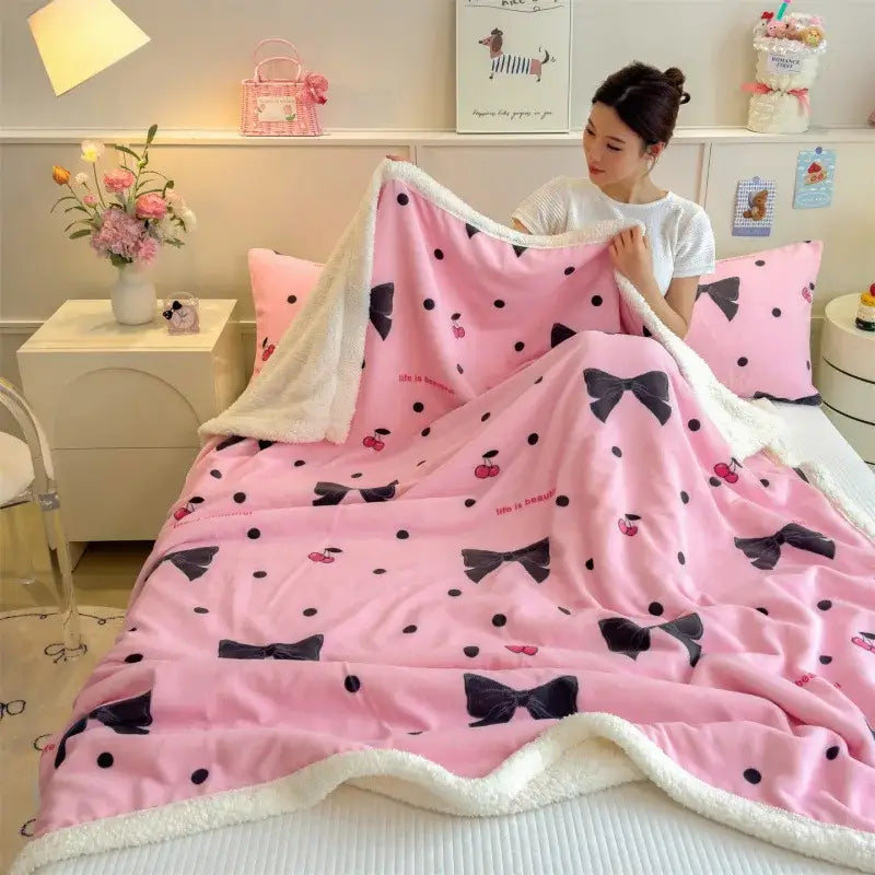 Pink plush cartoon printed lamb wool dog blanket with black bow cherry patterns and soft white fleece border for decorbites