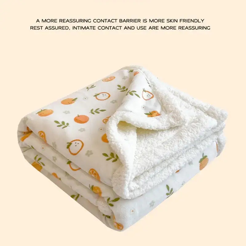 A decorbites cartoon printed lamb wool cream dog blanket with a soft white fleece and playful fruit pattern lining