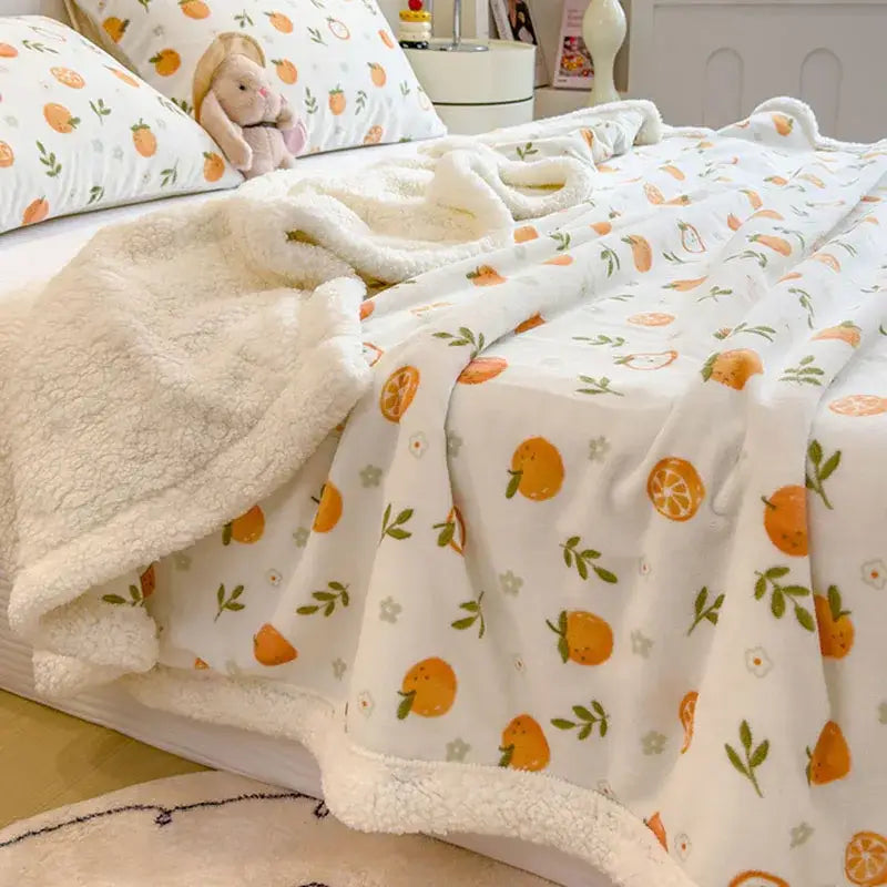 White plush decorbites cartoon printed lamb wool blanket with orange green fruit pattern and soft sherpa lining