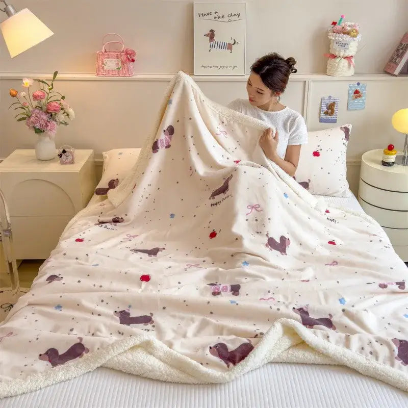 Soft cream-colored cartoon printed lamb wool blanket with playful brown dachshund prints and pink bows for decorbites decor