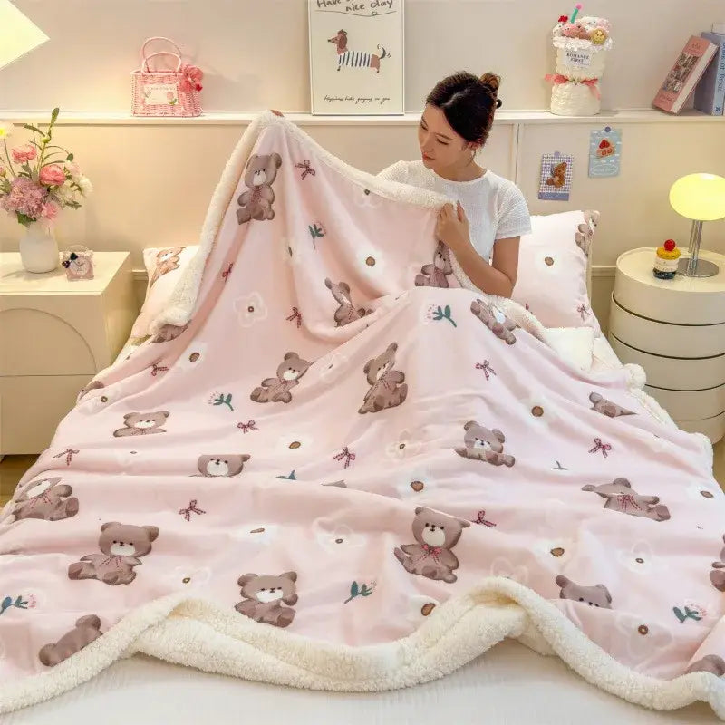 Pink plush cartoon printed lamb wool blanket with brown teddy bear and white fleece border for decorbites bedroom decor