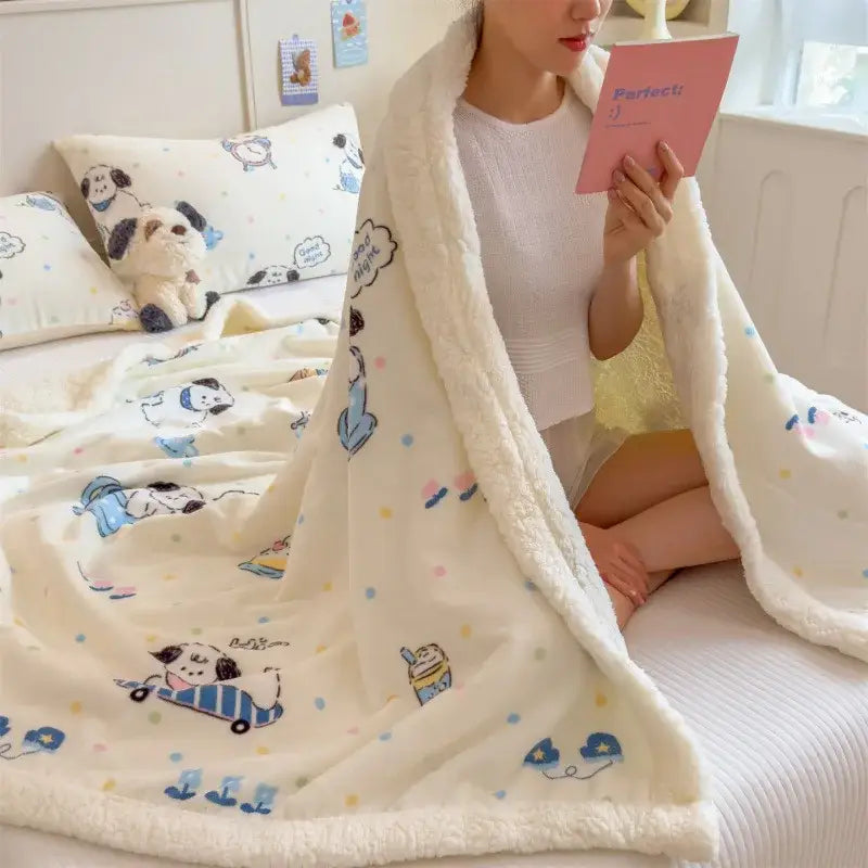 Cream-colored plush cartoon printed lamb wool blanket with soft texture and playful dog patterns for sofa cover decorbites