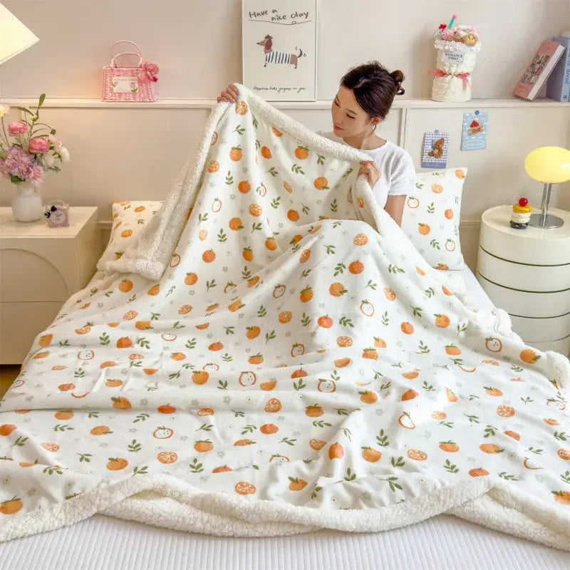 Orange and green fruit-patterned decorbites cartoon printed lamb wool fleece blanket with white sherpa lining for sofa use