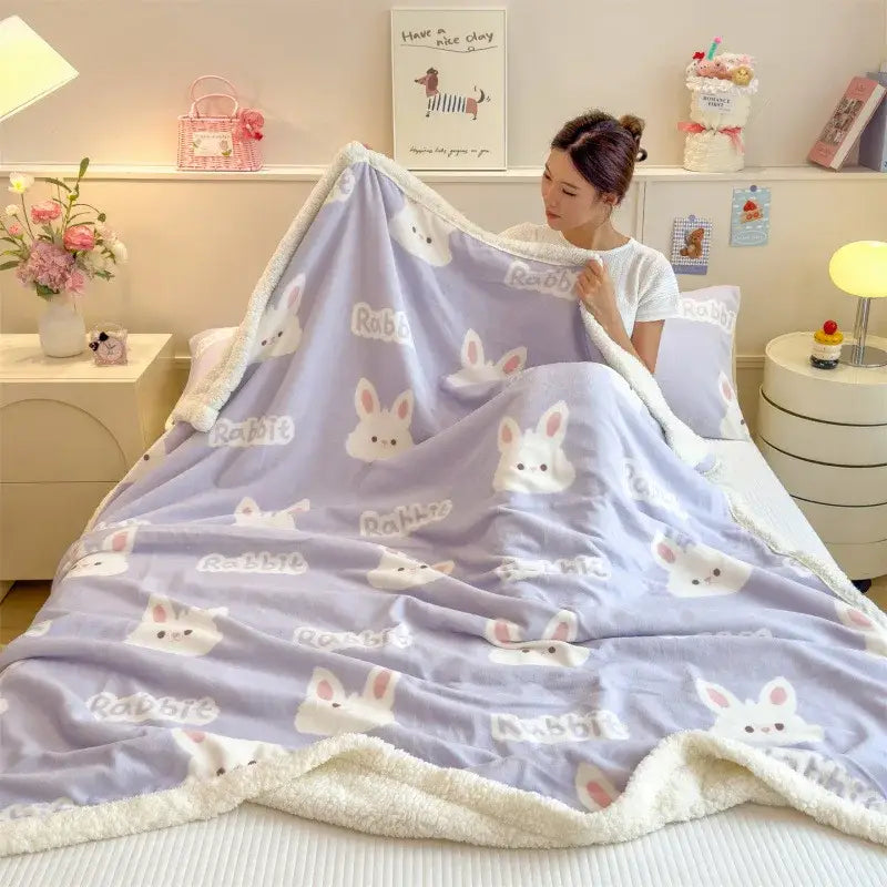 A soft lavender cartoon printed lamb wool dog blanket with plush white fleece border for bedroom decorbites cartoon printed
