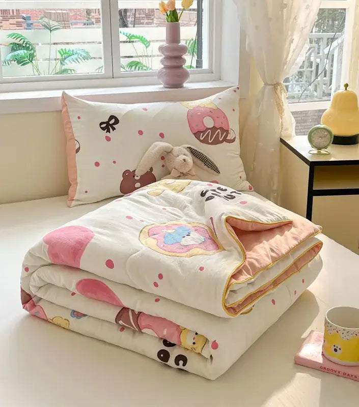 Pink and white decorbites cartoon printed cooling blanket with donut and bunny patterns soft plush summer quilt