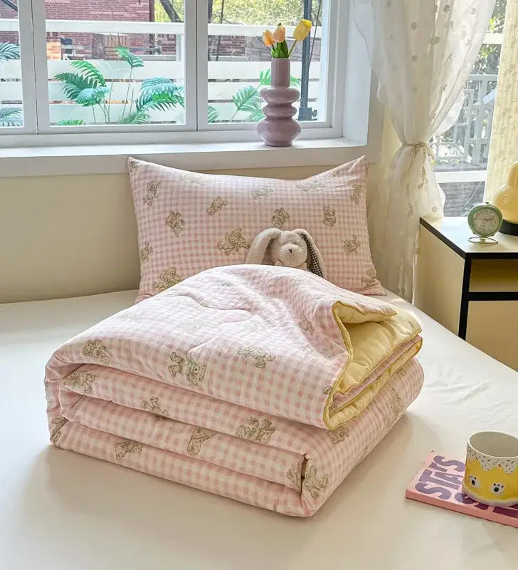 Pink and yellow gingham cooling blanket with embroidered bunny patterns decorbites cartoon printed summer quilt