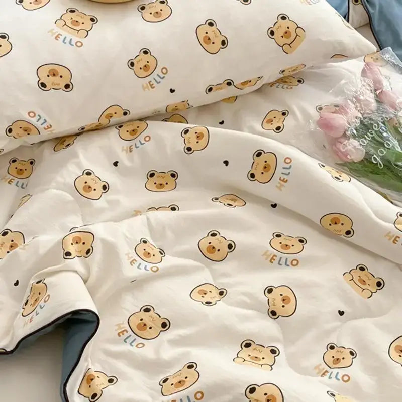 White and yellow cooling blanket with decorbites cartoon printed bears and colorful hello letters for summer use