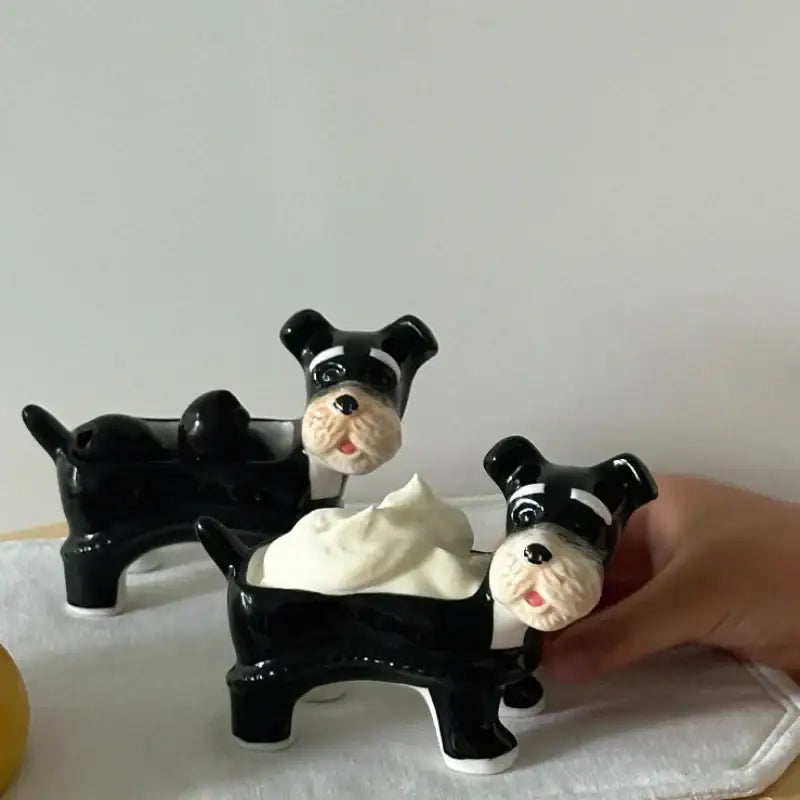 Black and white ceramic cartoon puppy schnauzer soap dishes with glossy finish for dining room decor
