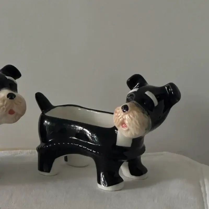 Black and white ceramic cartoon puppy schnauzer planter with glossy finish for dining room decor