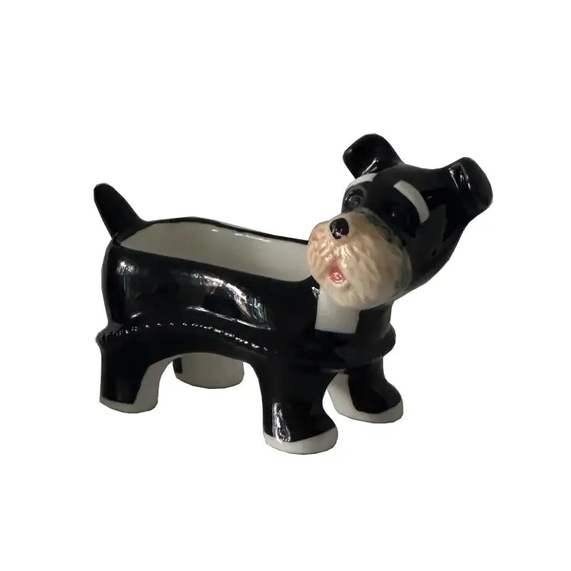 Black and white ceramic cartoon puppy schnauzer planter with glossy finish for dining room decor