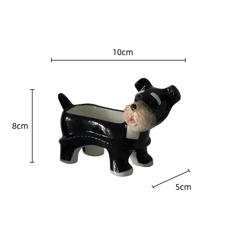 Black and white ceramic cartoon puppy schnauzer planter with glossy finish for dining room decor