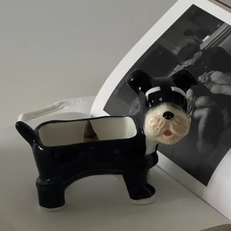 Black and white ceramic cartoon puppy schnauzer incense holder with glossy finish for dining room decor
