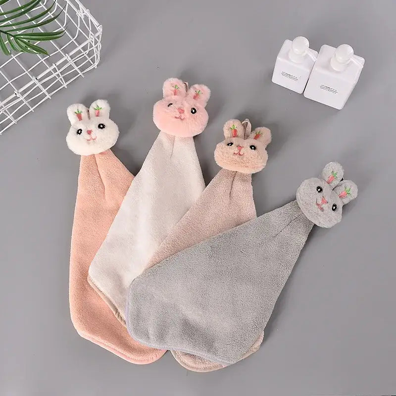 Soft pastel pink white and gray cartoon rabbit coral fleece hand towel with embroidered carrot decorbites cartoon rabbit design