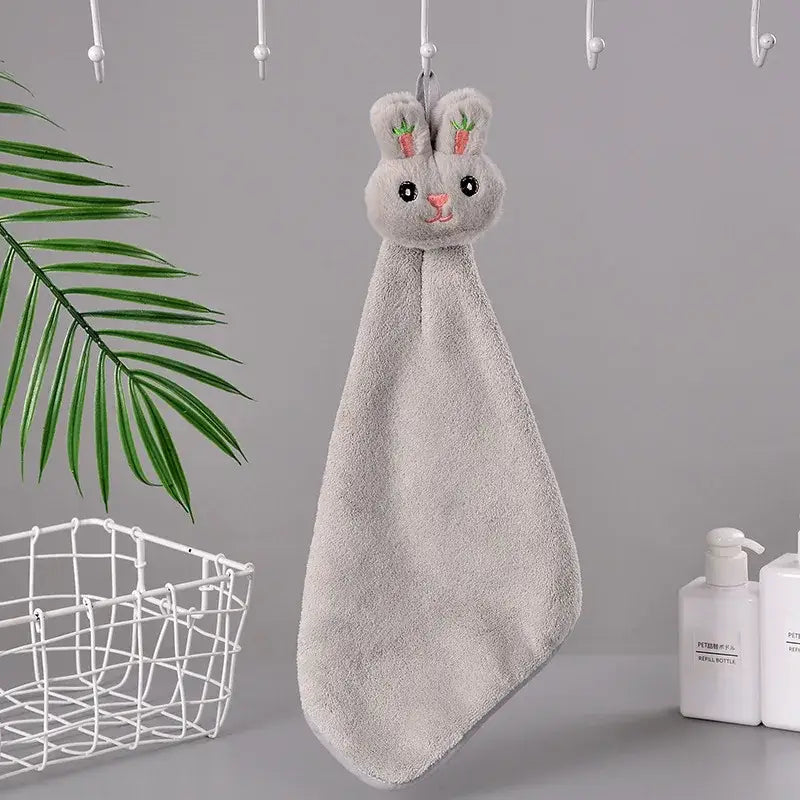 Gray coral fleece cartoon rabbit hand towel with embroidered carrot ears and pink nose for quick dry use
