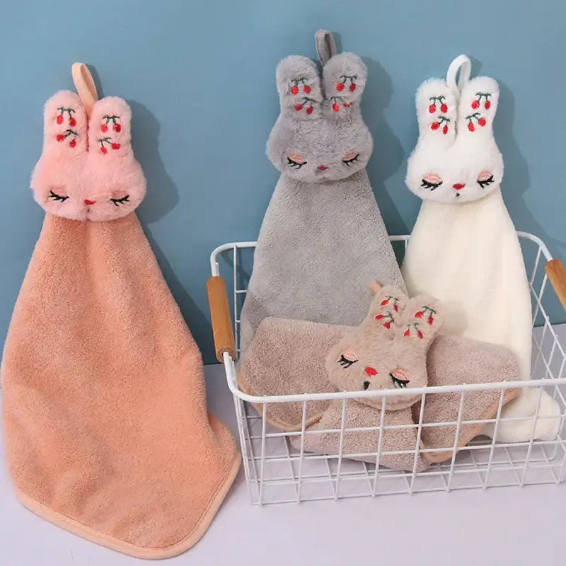 Soft plush bunny-shaped hand towels in pink gray and white with embroidered cherry decorbites cartoon rabbit coral velvet