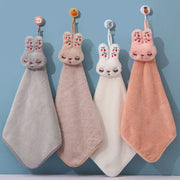 Four cartoon rabbit coral velvet hand towels in gray blush pink white and peach with embroidered cherry decorbites cartoon rabbit