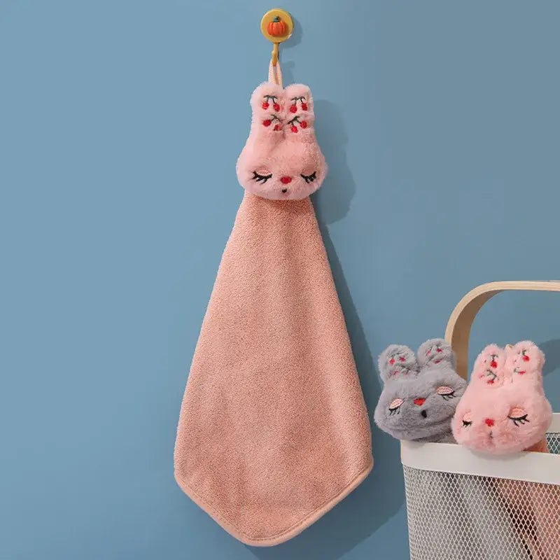 Pink plush cartoon rabbit coral velvet hand towel with embroidered cherry details and closed eyes for decorbites decor