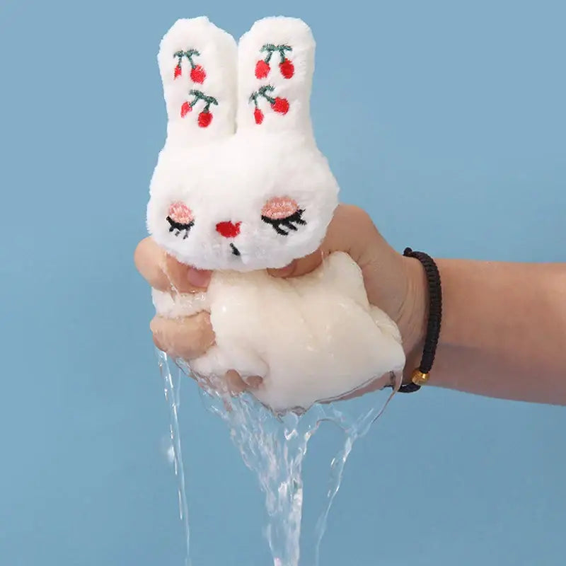 White plush hand towel in cartoon rabbit coral velvet with embroidered red cherries and pink stitched eyes decorbites cartoon rabbit