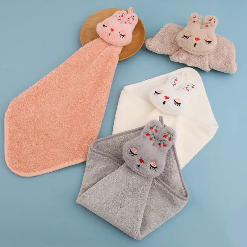 Soft pink beige white and gray coral velvet hand towel set with embroidered cartoon rabbit facial features decorbites cartoon rabbit