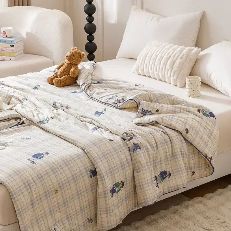 Beige and gray plaid quilted cooling summer blanket with cartoon rabbit pattern for bedroom use