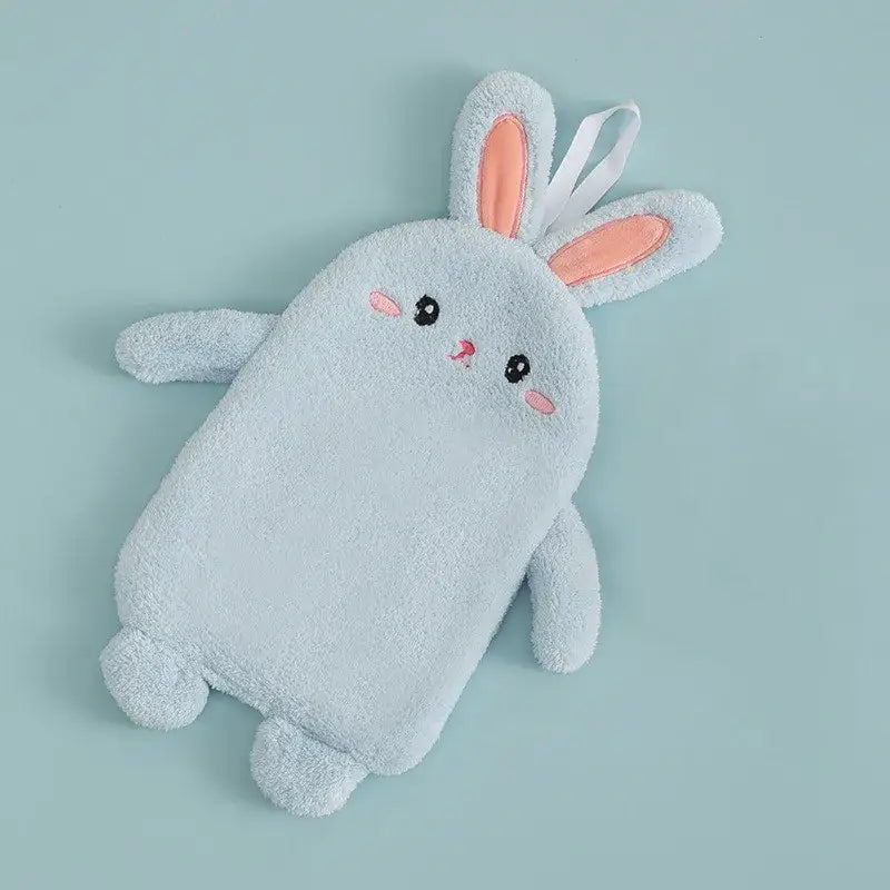 Light blue plush microfiber hand towel shaped like a cartoon rabbit with pink ears and rosy cheeks for bathroom decorbites cartoon rabbit decor