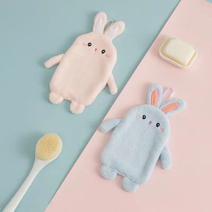 Soft pink and light blue plush microfiber hand towels shaped like cartoon rabbit with embroidered facial features for decorbites cartoon rabbit decor