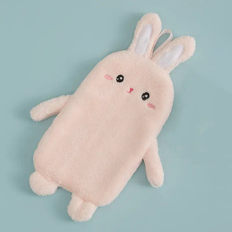Soft pink plush bunny-shaped microfiber hand towel with embroidered face for cartoon rabbit bathroom decor by decorbites