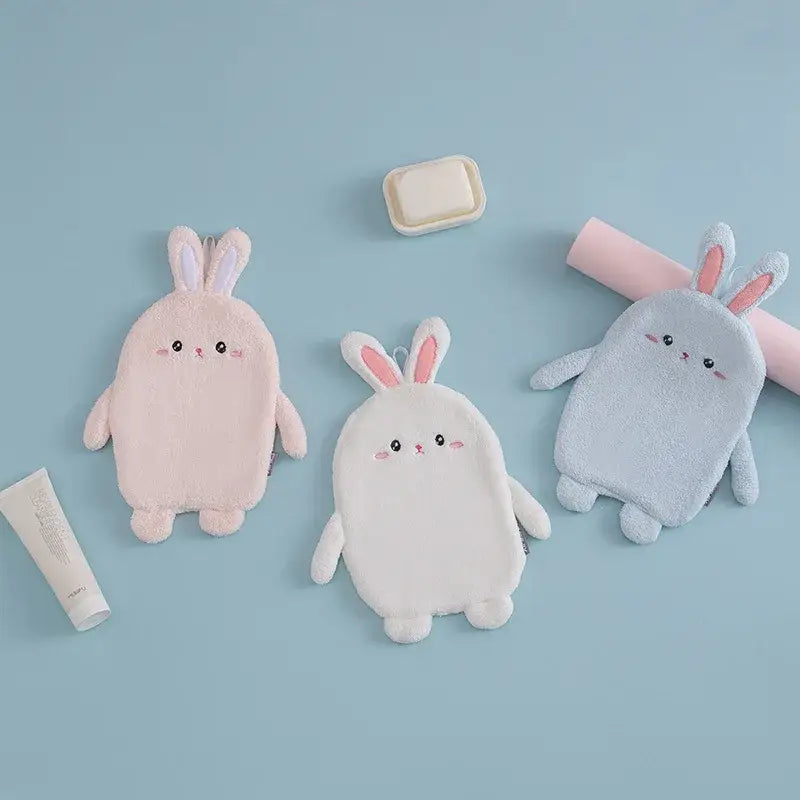 Three plush cartoon rabbit hand towels in pink white and blue microfiber for decorbites cartoon rabbit bathroom decor