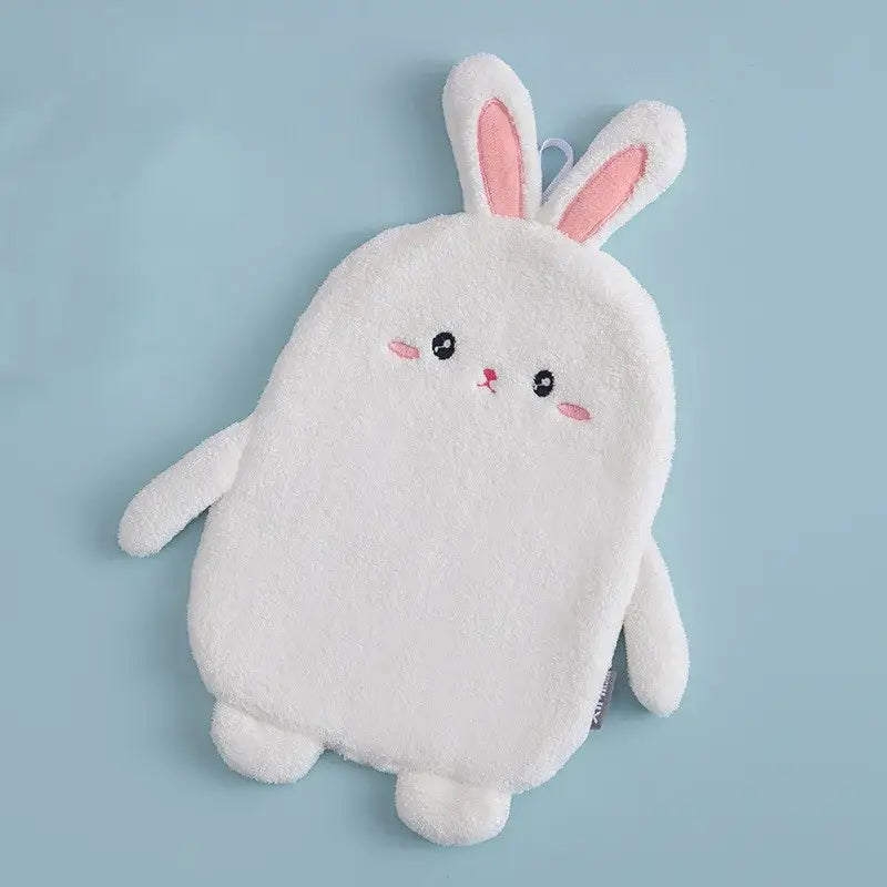 White plush cartoon rabbit hand towel with pink ears and embroidered face made of soft microfiber decorbites cartoon rabbit