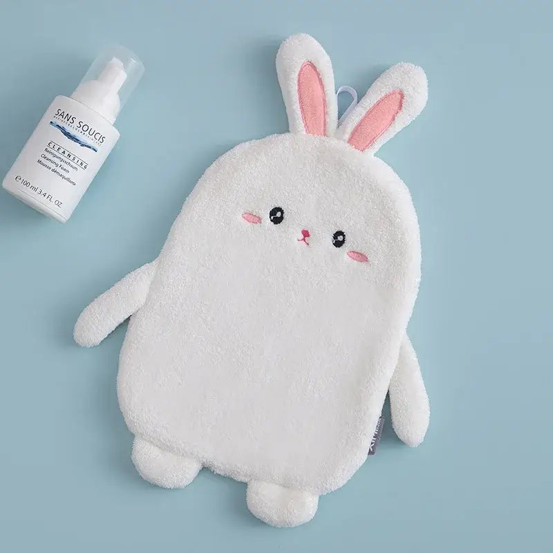 White plush cartoon rabbit hand towel with pink inner ears and rosy cheeks microfiber decorbites cartoon rabbit decor