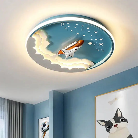 Cartoon rocket led ceiling light with orange and blue space design featuring rocket launching in bedroom ceiling light