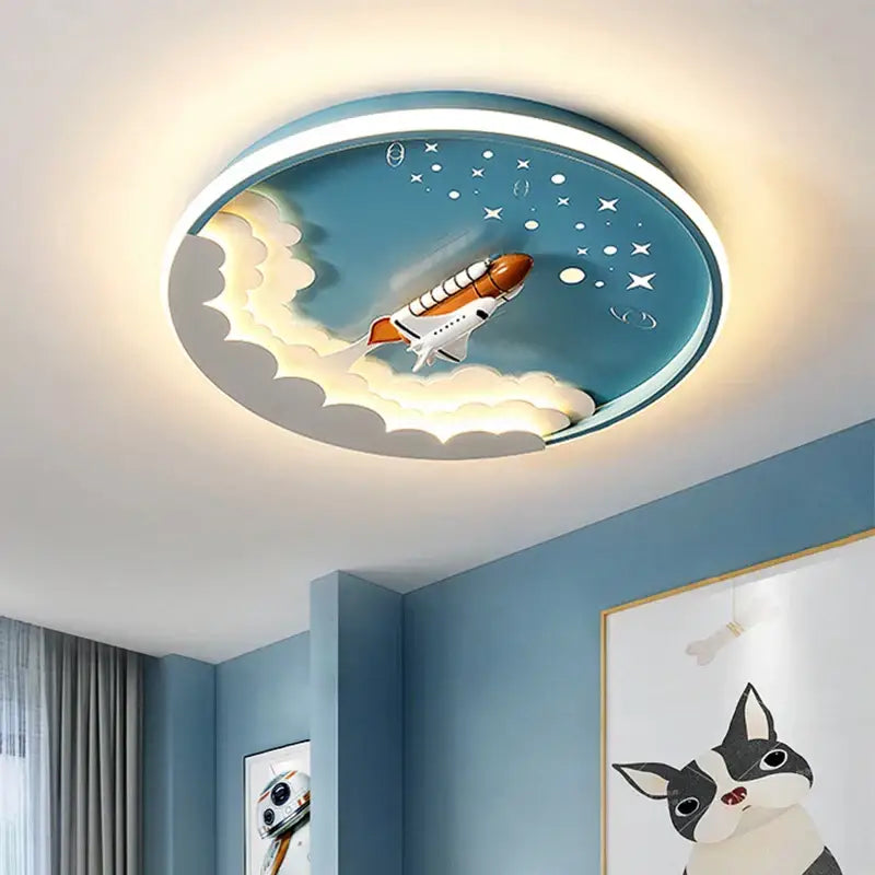 Cartoon rocket led ceiling light with orange and blue space design featuring rocket launching in bedroom ceiling light