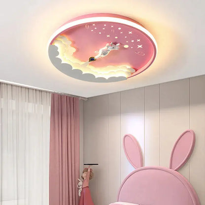 Pink cartoon rocket led ceiling light with rabbit flying through clouds and stars soft led ceiling illumination