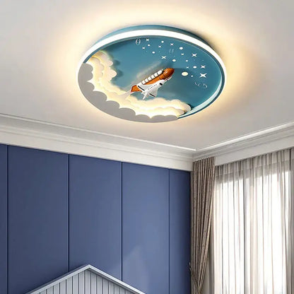 Cartoon rocket led ceiling light in blue and orange with warm ambient lighting and modern space design for bedroom