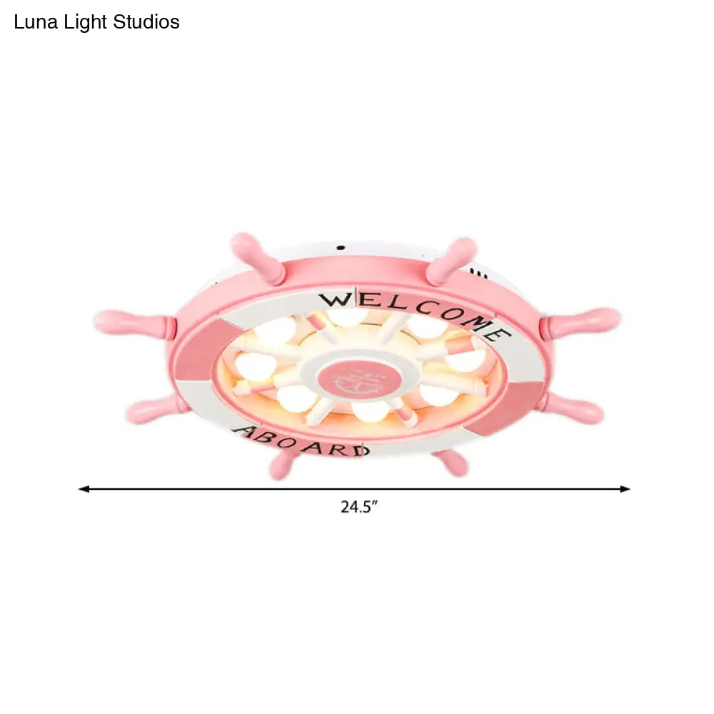 Lámpara de techo DecorBites™ con diseño de niña timón de dibujos animados para dormitorio - Luz LED empotrada náutica rosa de acrílico y metal