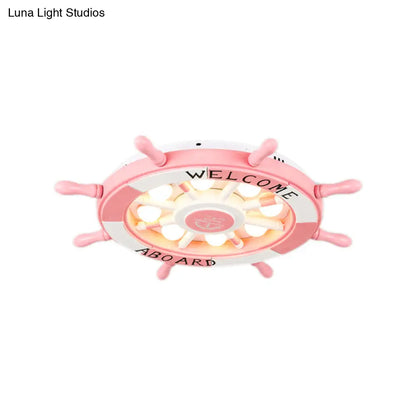 Lámpara de techo DecorBites™ con diseño de niña timón de dibujos animados para dormitorio - Luz LED empotrada náutica rosa de acrílico y metal